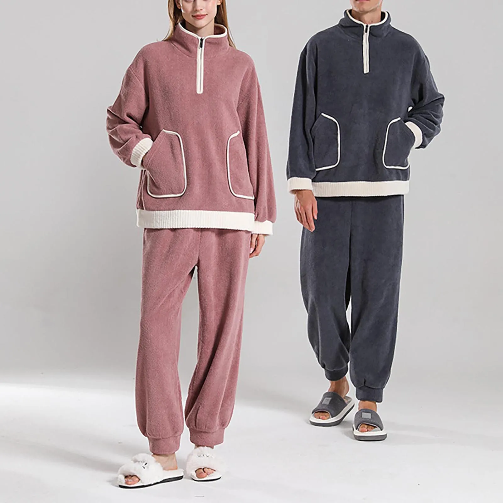 

Women's Yangmei Velvet Couple Pajama Set Autumn And Winter Home Coat Half Zipper Warm Pajama Set