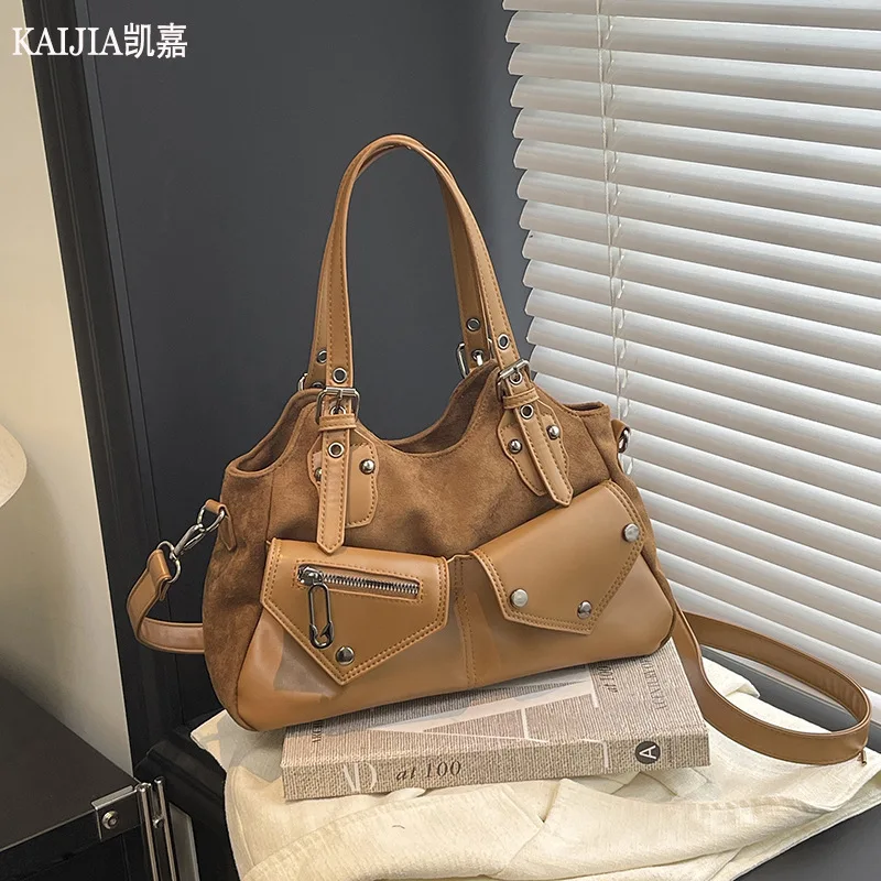 Women PU Fashion Shoulder Bag Large Capacity Vintage Tote Bag Adjustable Strap Slouchy Tote Handbag Multi-pockets Chic Hobo Bag