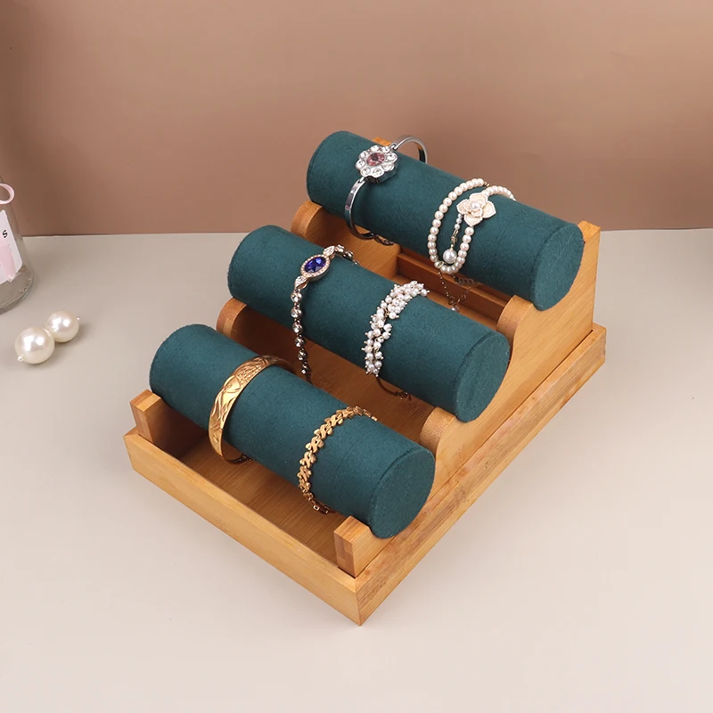 Green Solid Wood High-grade Three Layer Detachable Velvet Bracelet Rack Headband Jewelry Display Rack
