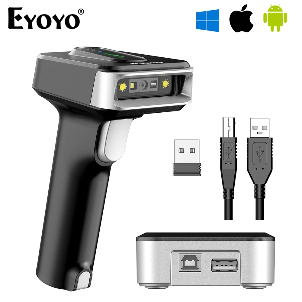 

Eyoyo EY-029 Silver Handheld Bluetooth Scanner 4-mil 1D/2D Barcode Reader With Battery Base Screen Image Auto-sensing Scanning