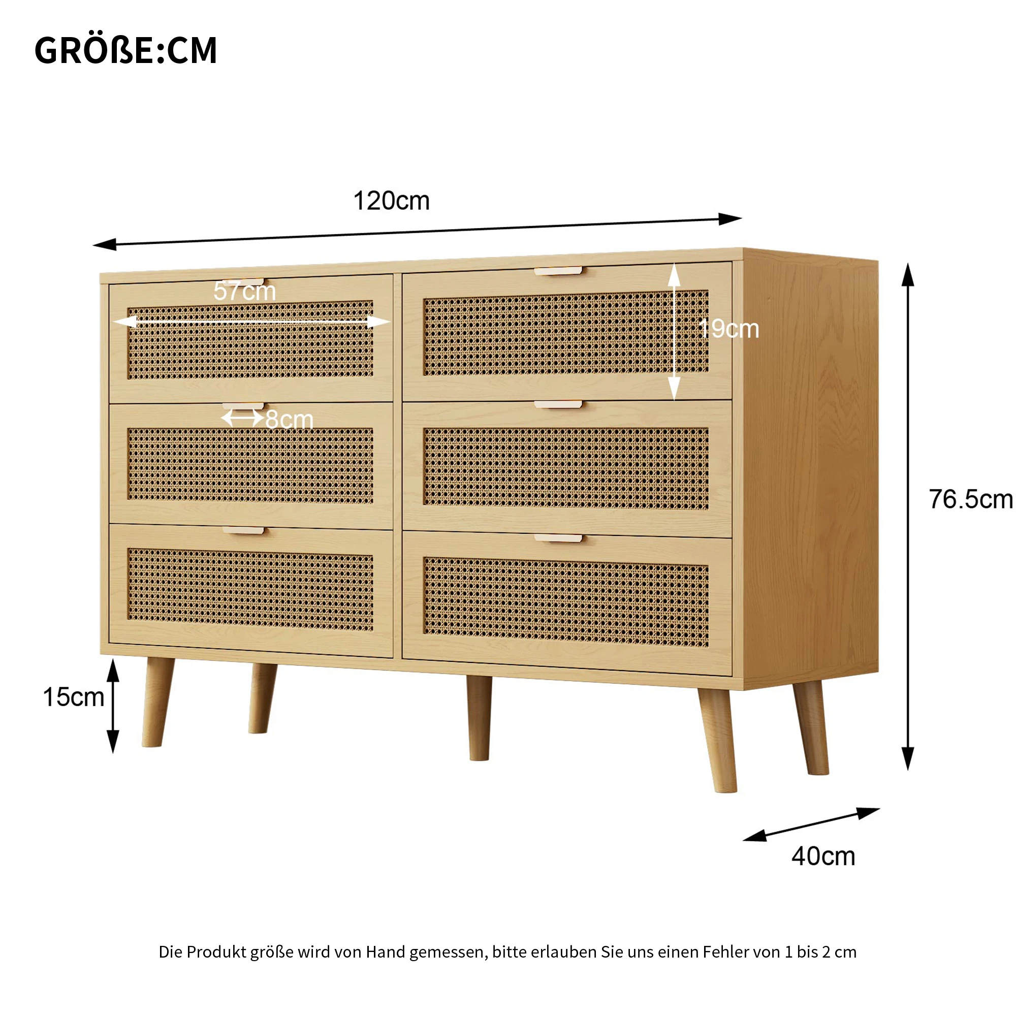 Kommode mit 6 Schubladen, Sideboard aus Holz mit Metallgriffen, für Schlafzimmer, Wohnzimmer, Büros, Sideboard/Highboard mit – Detail 10