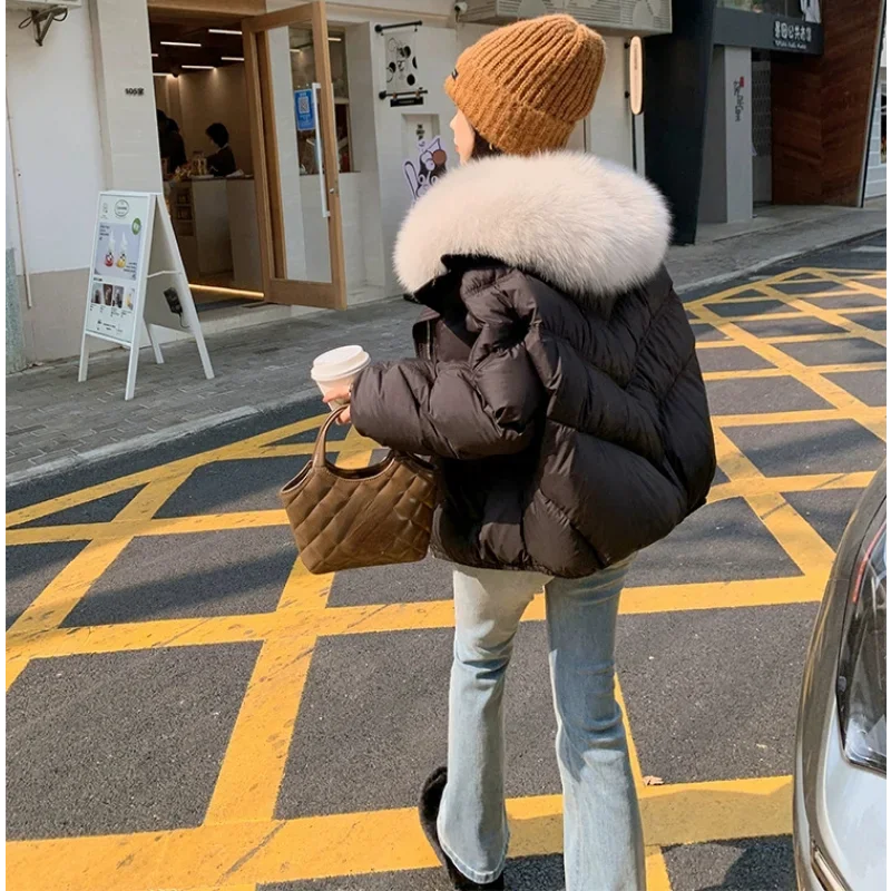 Short White Duck Down Jacket Women 2023 Fashion Fox Fur Collar Winter Coats Fresh Sweet Clothes Raglan Sleeves Thick Tops Coffee