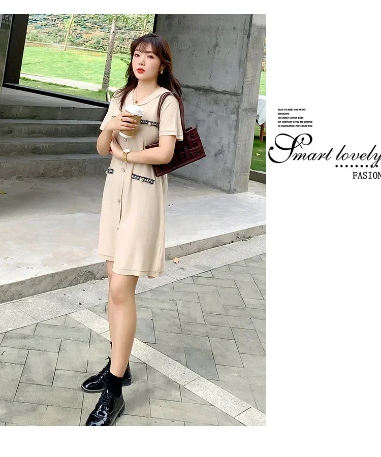 

Large size dress summer fat sister belly temperament new style western style age-reducing thin knitted skirt GRAY22