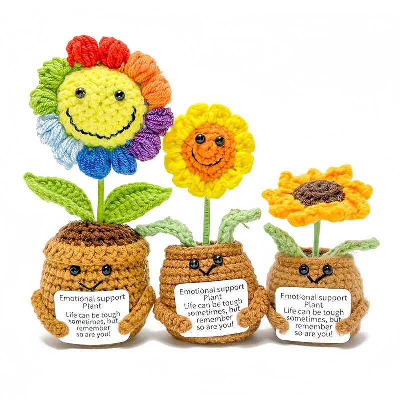 카드가 있는 미니 손으로 짠 화분 작은 수제 크로셰 꽃, 포지티브 감자 시리즈 홈 오피스 책상을 위한 독특한 선물