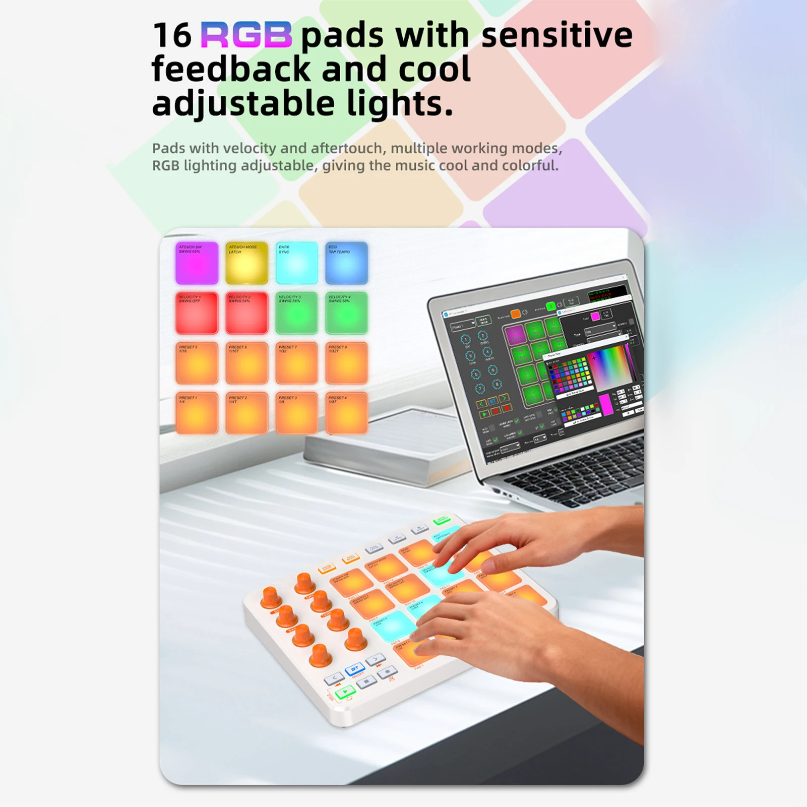 MIDI controller Wireless MIDI keyboard pad 16 RGB pads 6 customizable buttons 8 knobs rechargeable PC mobile app for beginners