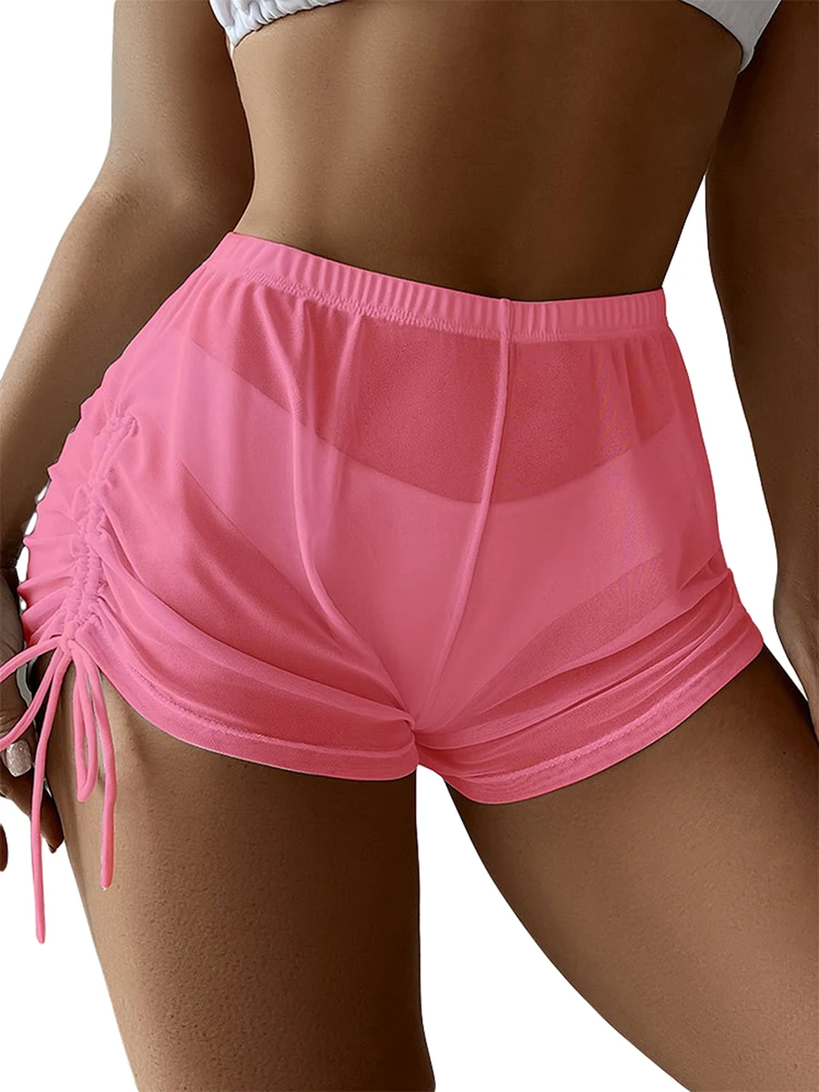 

Beach Cover Up Shorts Women Sheer Mesh Bikini Bottom Cover Up High Waist Drawstring See Through Wrap Shorts