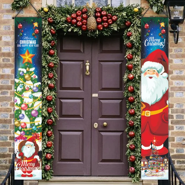 Décoration de porte - Décoration de Noël - Père Noël - Bannière rouge - Polyester - 184x90 cm - Maison