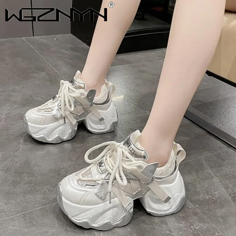 

2024 New Women Spring Chunky Sneakers Thick Bottom Leather Shoes High Platform Vulcanize Shoes Bling Casual Sports Dad Shoes