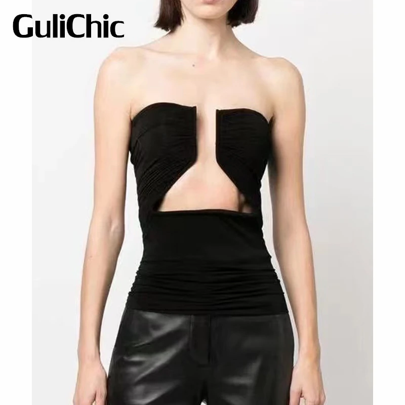 

7.13 GuliChic Women Fashion Sexy Black Hollow Out Backless Stretch Slim Strapless Off Shoulder Tank Top