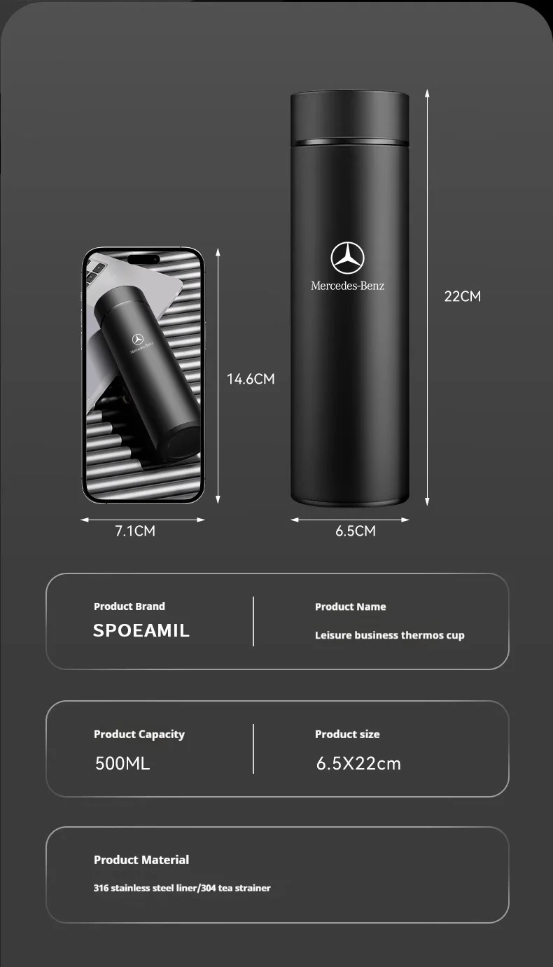 Car Vacuum Cup Thermos Mug Temperature Display Coffee Cup Mercedes-Benz A C E S Class A35 A45 C43 CLA CLS GLA GLC GLK ML SL Vito