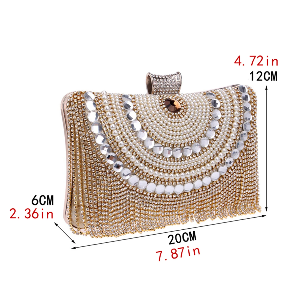 Metal Beaded Evening Clutch Bag with Rhinestones and Chain Strap