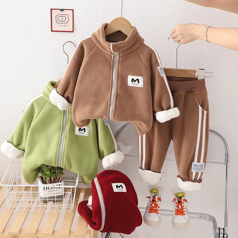 

Boys Thick Clothes Sets Winter Children Cotton Velvet Coats Pants 2pcs Tracksuits For Baby 1 To 5 Years Warm Suit Kids Outfits