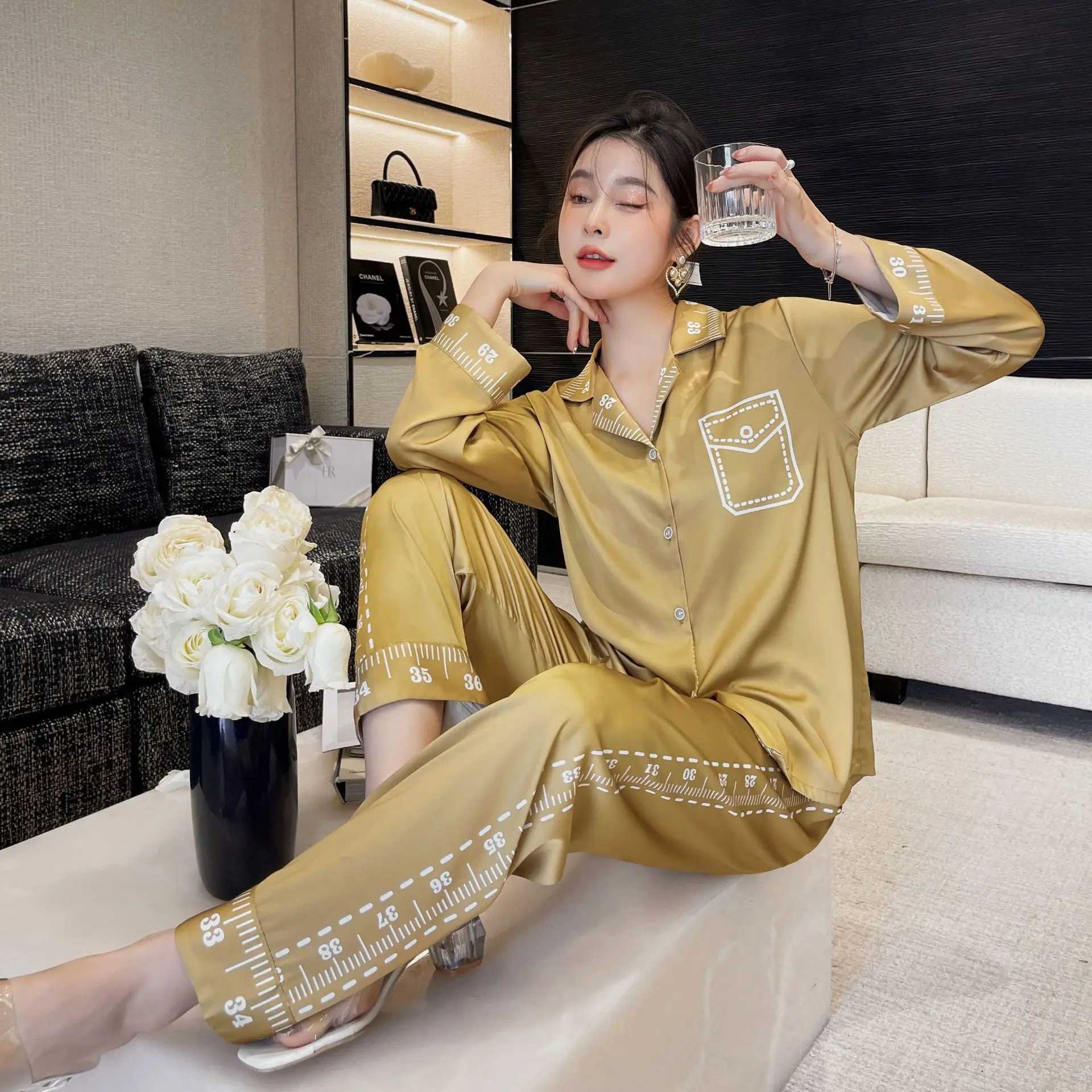 satin sleepwear 2022 Spring Print Pajamas Set Casual Women Sleepwear Lounge Wear 2PCS Satin Silk Lingerie Pyjamas Soft Home Clothes Pijamas plus size pjs