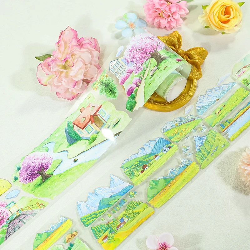 80mm * 200cm 빈티지 산악 초원 풍경 PET 테이프 크리 에이 티브 DIY 저널 재료 콜라주 스크랩북 편지지