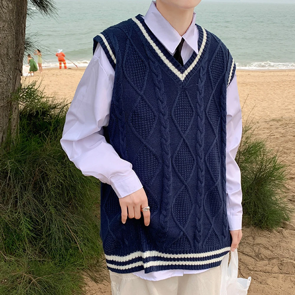 Mens Classic Contrast Color Thermal V-Neck Comfortable Cardigan Sleeveless Slight Strech Solid Vest Simple Loose Waistcoat Tops