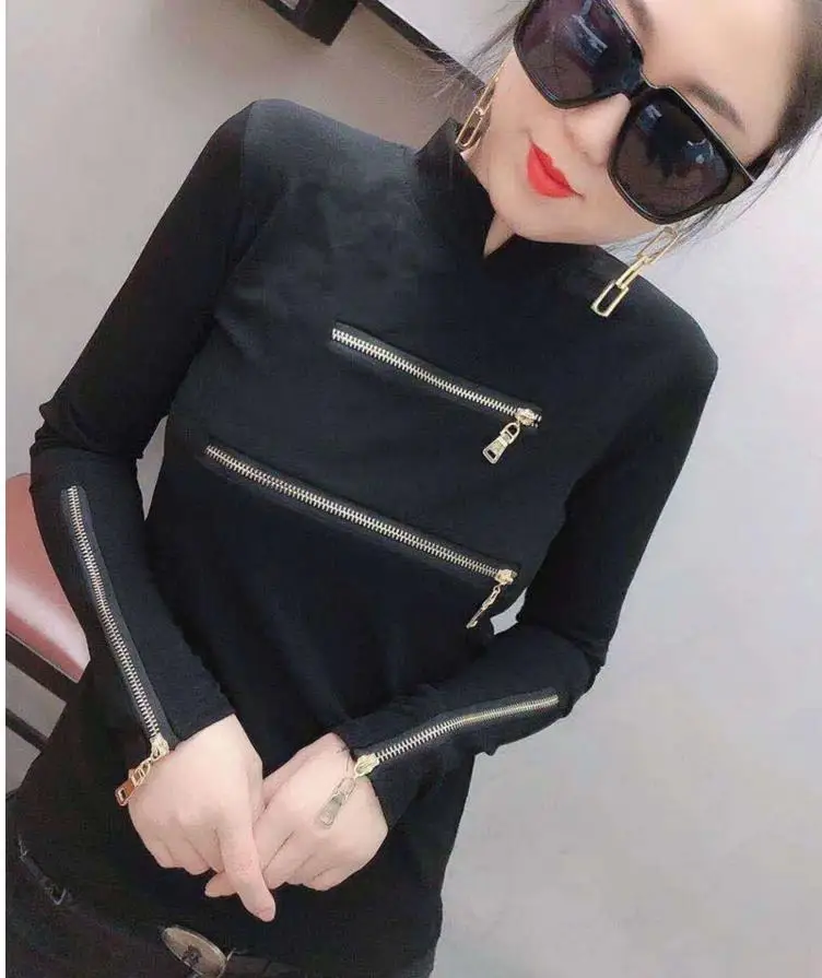 Zipper Deco Women T-shirts Femme Strechy Cotton T-shirts Lady Zipper Pullovers Tp[s