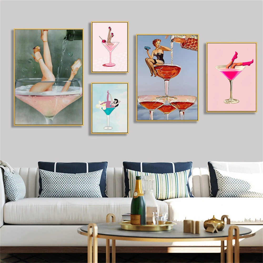 

Woman in Champagne Glass Canvas Poster Cocktail Print Funky Gallery Wall Art Canvas Painting for Girls Room Bar Kitchen Decor