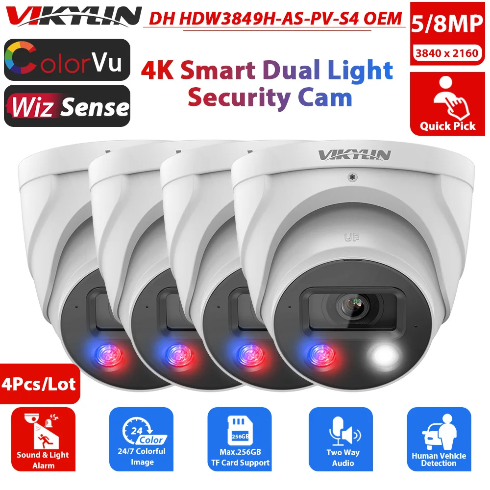 Vikylin 야외 보안 IP 카메라, Dahua HDW3849H-AS-PV-S4 WizSense ColorVu 양방향 오디오, SD 사람 차량 감지, 8MP, 4K