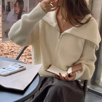 Elegant Knitted Long Sleeve Zipper Cardigan Women Sweater Autumn Casual Lapel Top Solid Color Loose Office Style Knitwear Jacket