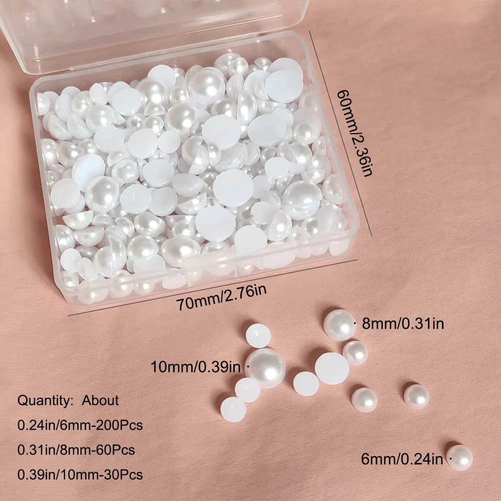 6/8/10mm Flat Back ABS Pearl Half Round Pearls Loose Beads Gems For DIY Craft + Plastic Box