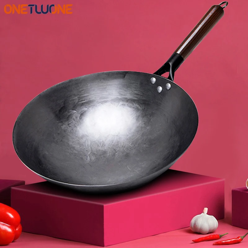 Traditional Iron Wok Non-coating Hand forged Kitchen Pan Wooden Handle