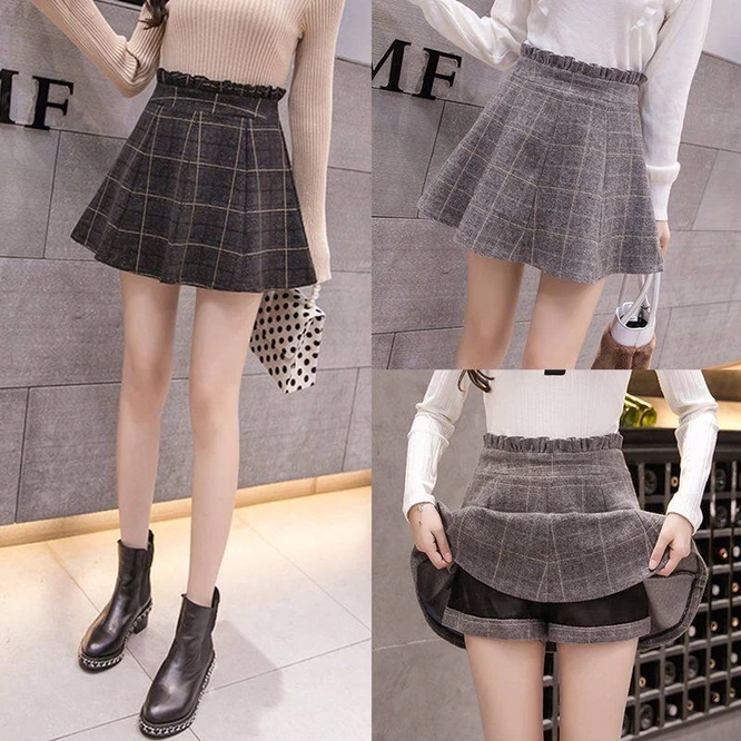 Spring Autumn Printed Short Skirt Half Skirt A-line Skirt Lotus Leaf Waist Women's Plaid Bag Hip High Waist Versatile Black brown skirt