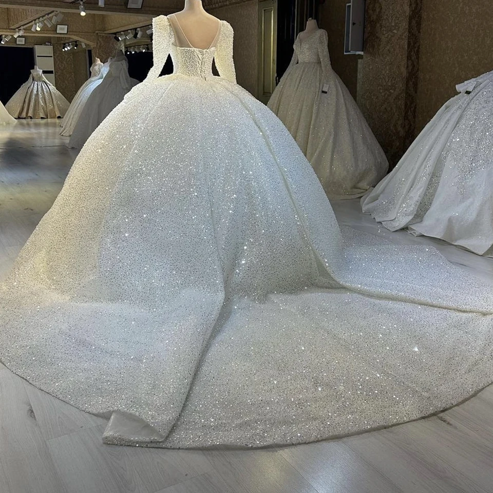 Luxury O-Neck Sequin Beaded Full Sleeves Wedding Dress 2023 Ball Gown Floor Length Sweep Train Lace Up Custom Made Bridal Gown