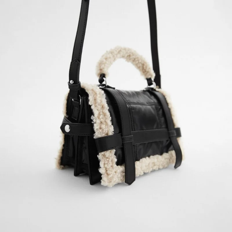 

2021 New Fashion Fur Bags Women Jumbo Capacity Totes Handbag Black Shoulder Messenger Sheep Fur Bag PU Leather Winter Style
