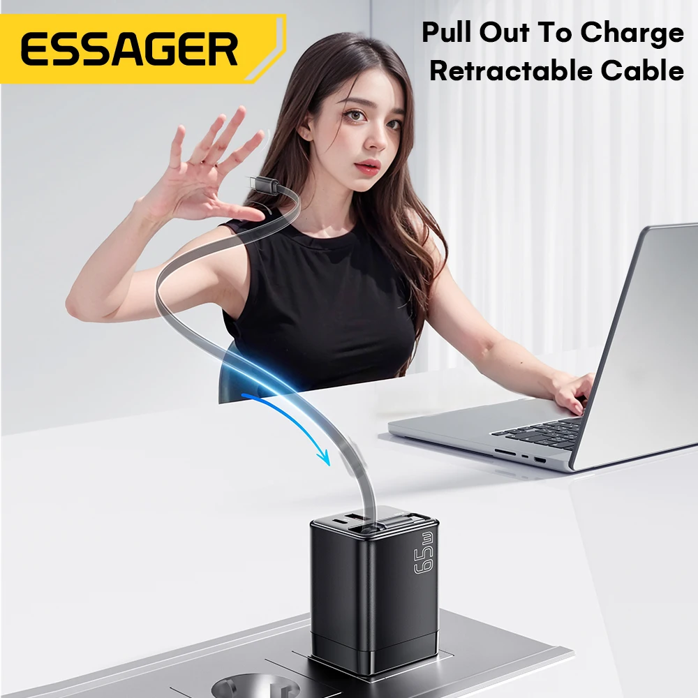 Essager 65W GaN Charger with Retractable Cable PD Fast Charging for Laptop Macbook iPhone 17 16 15 Xiaomi Type-C Phone Charger