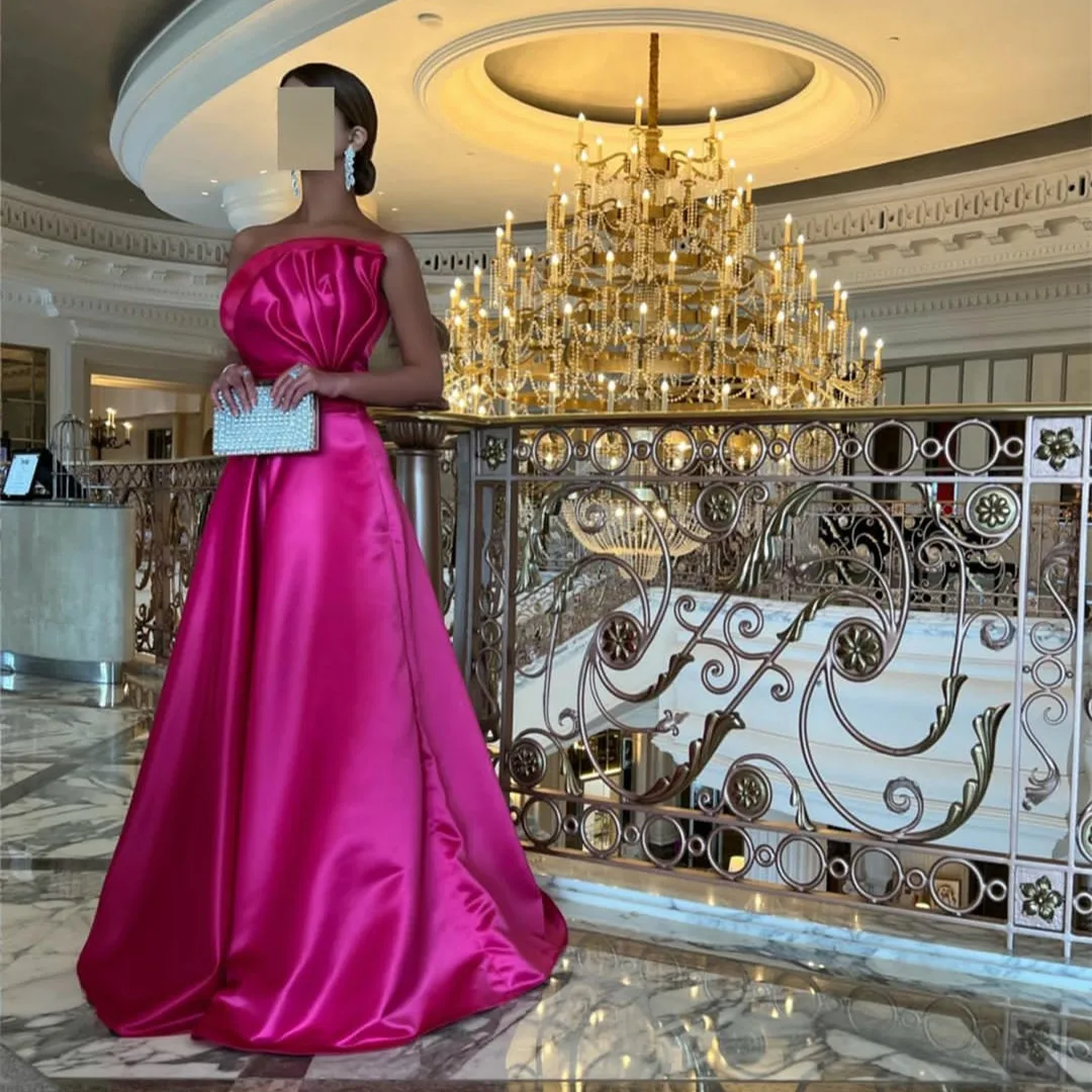 

Elegant Long Scalloped Fuchsia Evening Dresses With Pockets Satin فساتين A-Line Floor Length Formal Party Dress for Women