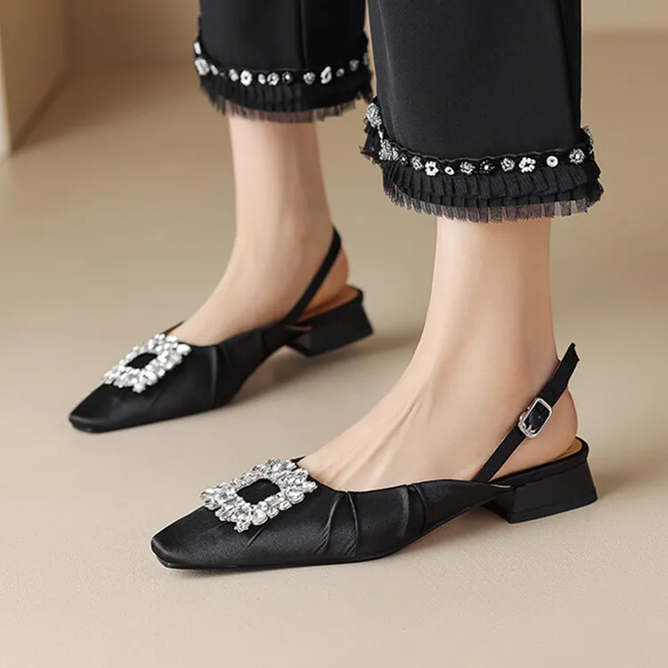 

Black Satin Shallow Slingback Flats Square Toe Crystal Buckle Moccasins Femmes Apricot Leisure Spring Espadrilles Creepers