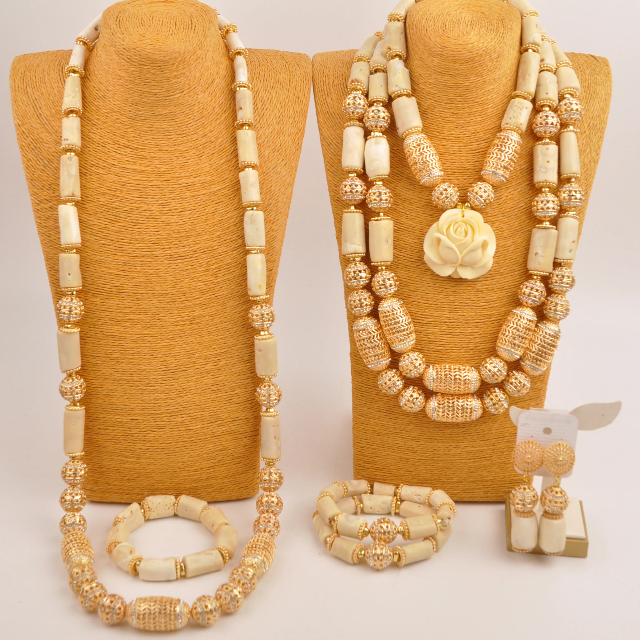 

Nigerian Bride Wedding Jewelry White Natural Coral Bead Necklace Sets for Couple