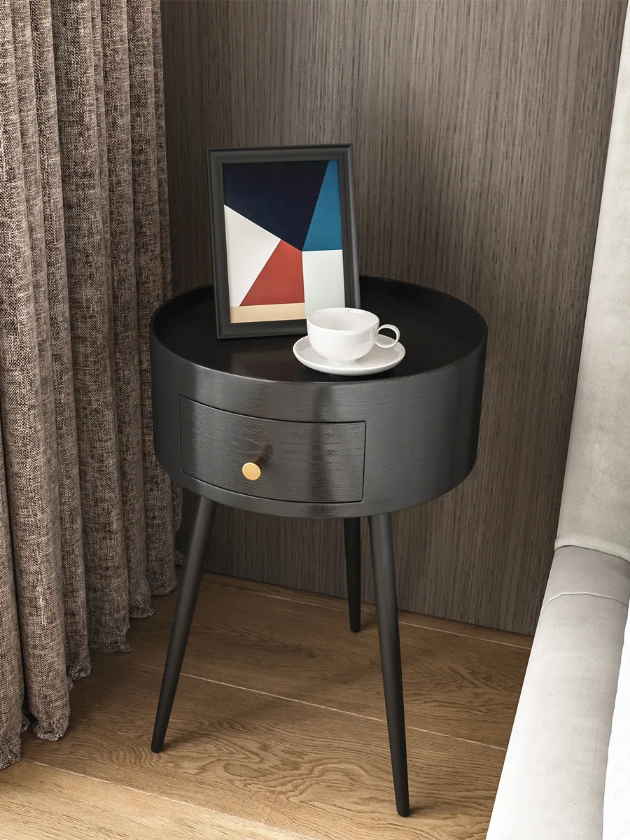 Nordic Style Wooden Nightstand, Bedside Table with Simple Drawer, Small Round Coffee Table for Bedroom, Corner Table, End
