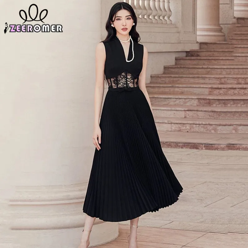 

Женское элегантное вечернее платье миди без рукавов, офисное черное плиссированное платье с кружевными вставками и вырезом на талии, лето 2022