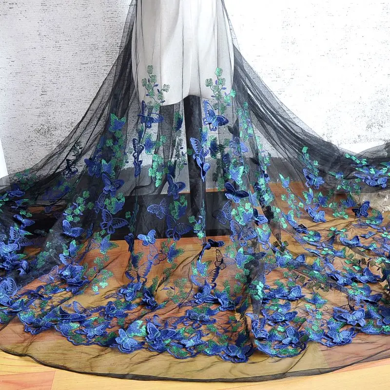 

Deep blue butterfly embroidery lace fabric designer high-end black three-dimensional embroidery clothing DIY sewing mesh fabric