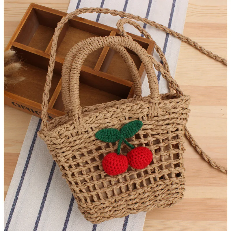 

Handmade Weaving Women's Bag Exclusive Design Hawaiian Cherry Pattern Straw Vacation Beach Slant Shoulder Small Woven Bag Mini