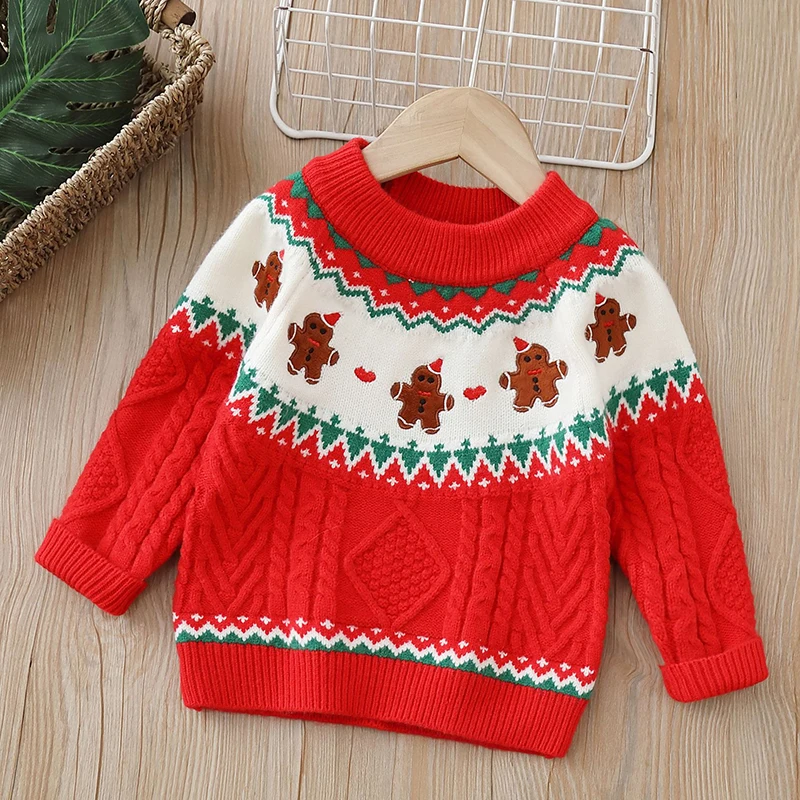 

Christmas Style Children's Sweater with Plush and Thickened Warmth Boys and Girls Cartoon Teddy Bear Cute Knitted Base Shirt