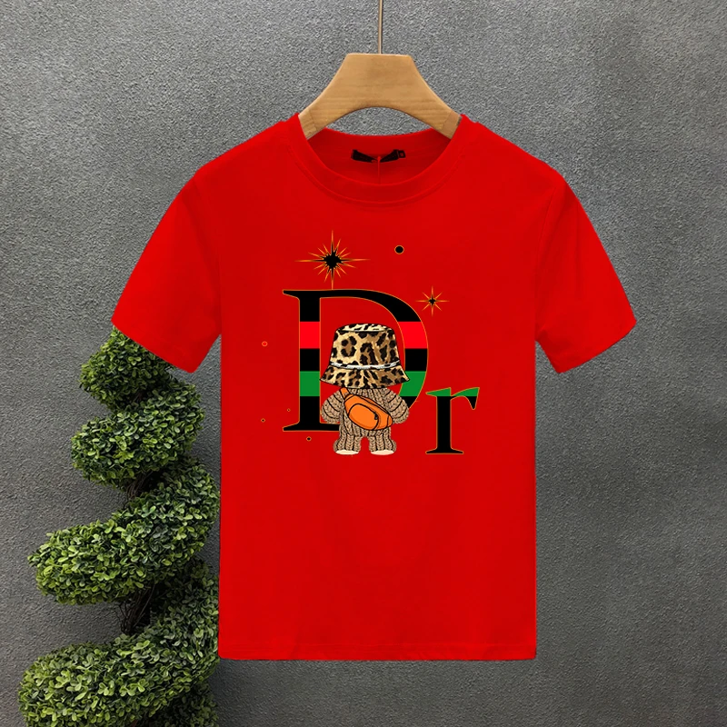 Summer American Tide Brand Dr Letter Leopard Print Back Bear Men's And Women's Casual Cotton Short Sleeve T-shirt_voghion.com