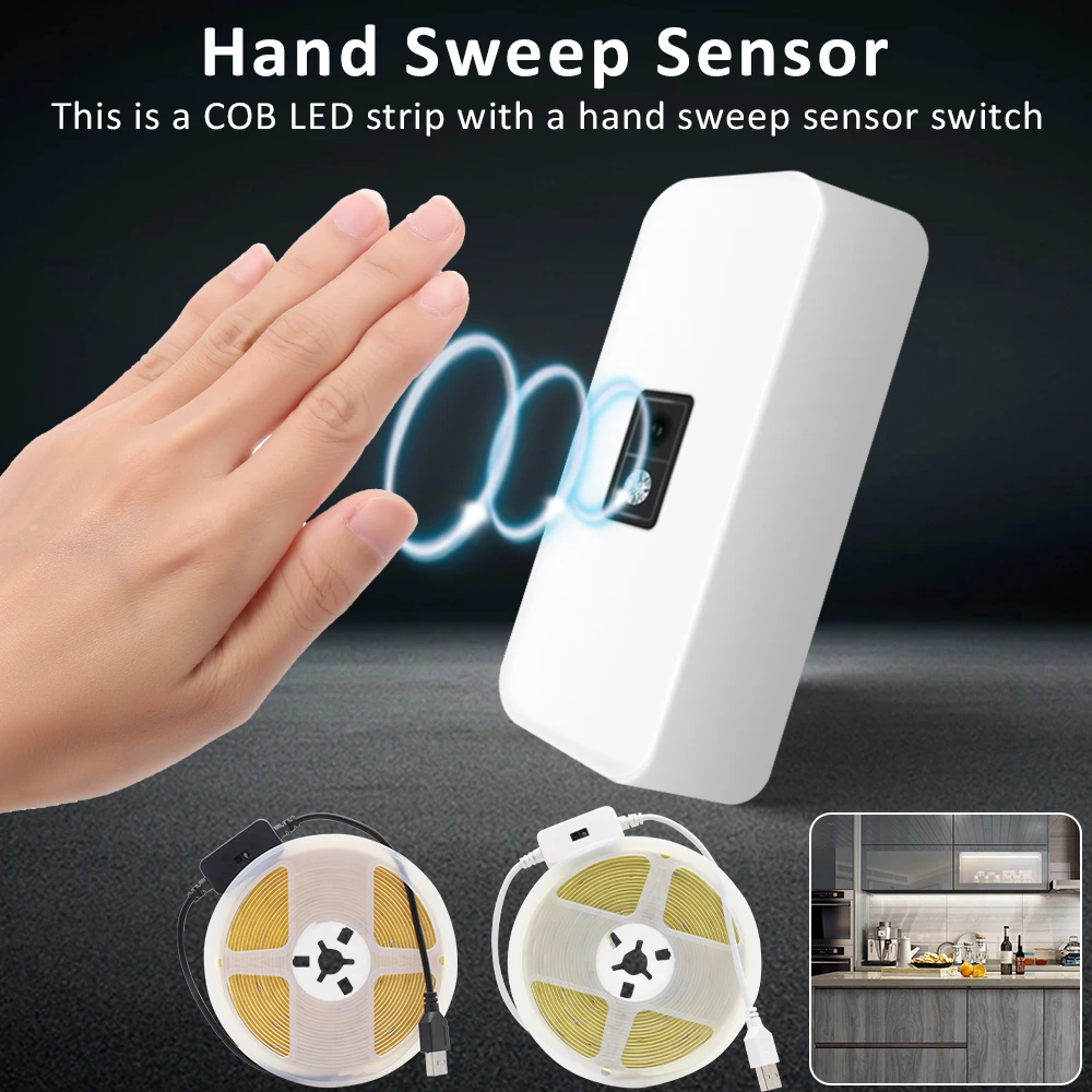Hand Sweep Sensor COB Strip Light DC 5V USB Motion ON OFF Dimmable Flexible Ribbon Backlight TV Kitchen Under Cabinet Tape Lamp