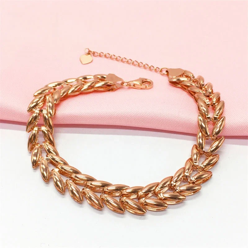 

585 Purple Gold Plated 14K Rose Gold Wide Wheat Ear Chain Bracelets for Women Fashion Charm Light Luxury Ladies Jewelry