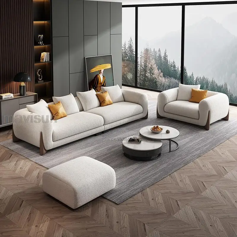 Solid Wood Lamb Velvet Sofa Italian Minimalist Small Apartment Living Room Modern Fabric White Loveseat Couch Furniture