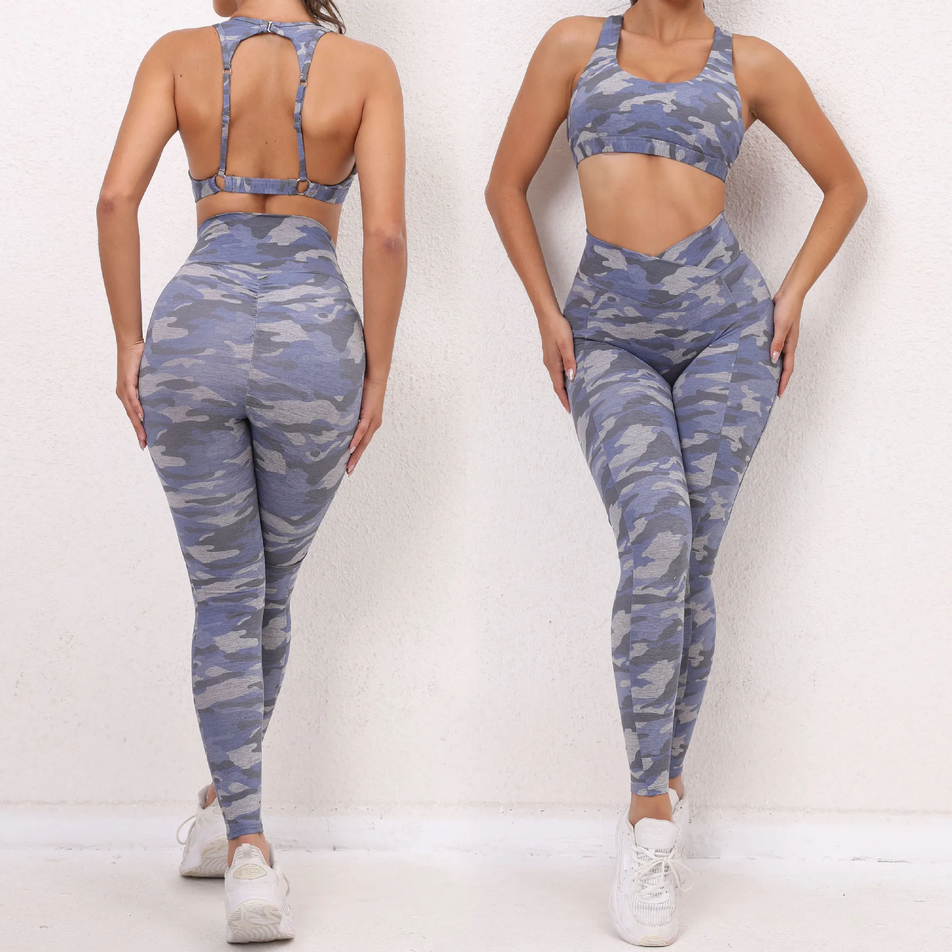 Women's New Camouflage Fashion Backless Running Fast Dry Tight Yoga Fitness Two-Piece Set