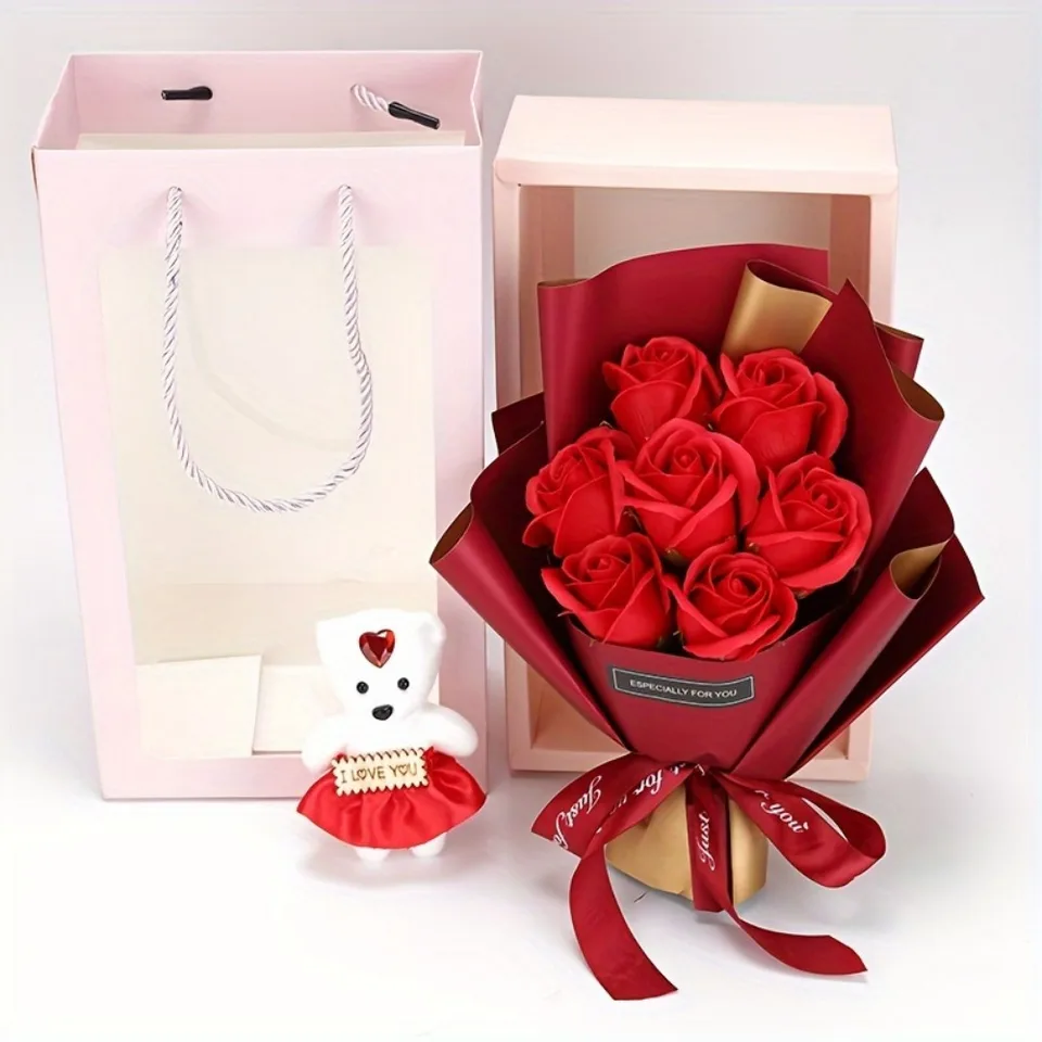 Valentines Day Artificial Rose Teddy Bear Gift Box