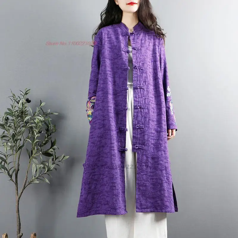 Traditional Chinese Hanfu Tops National Flower Embroidery Coat Cotton Linen Jacket Ethnic Cardigan