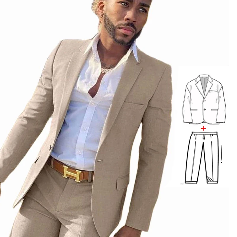 

Latest Slim Fit Gentlemen Suits for Men 2 Piece Beige Wedding Groom Tuxedo Male Fashion Smoking Costume Jacket with Pants 2023