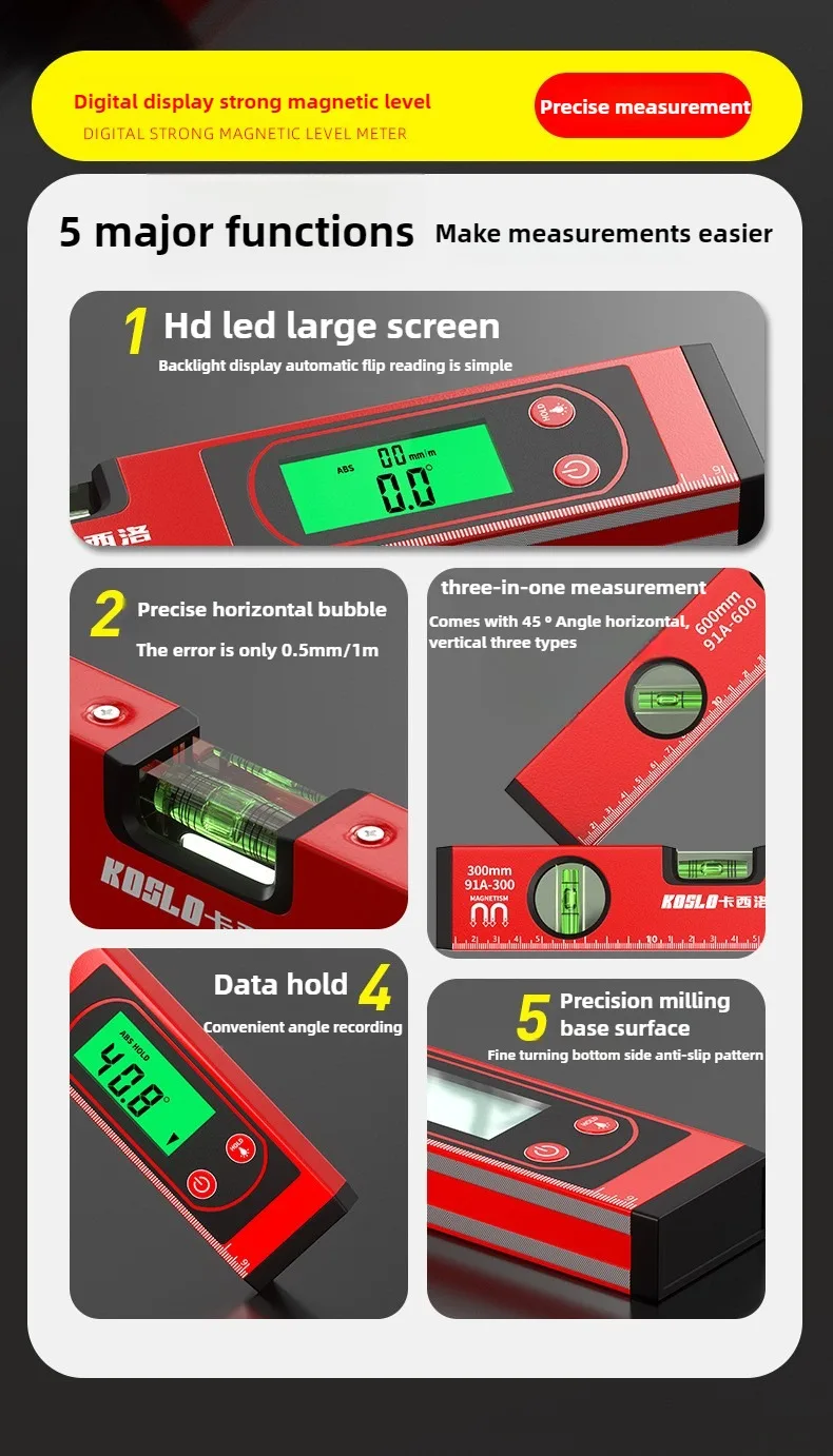 30/40/50cm Electronic Digital Display Level Ruler Magnetic Angle Meter Aluminum Alloy Level Protractor Inclinometer 90 Degree