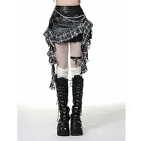 Retro Harajuku Gothic Style Leather Splicing Short Skirt for Women Y2K Lace Hem Mini Pleated Skirt Autumn Street Cool Girl 2
