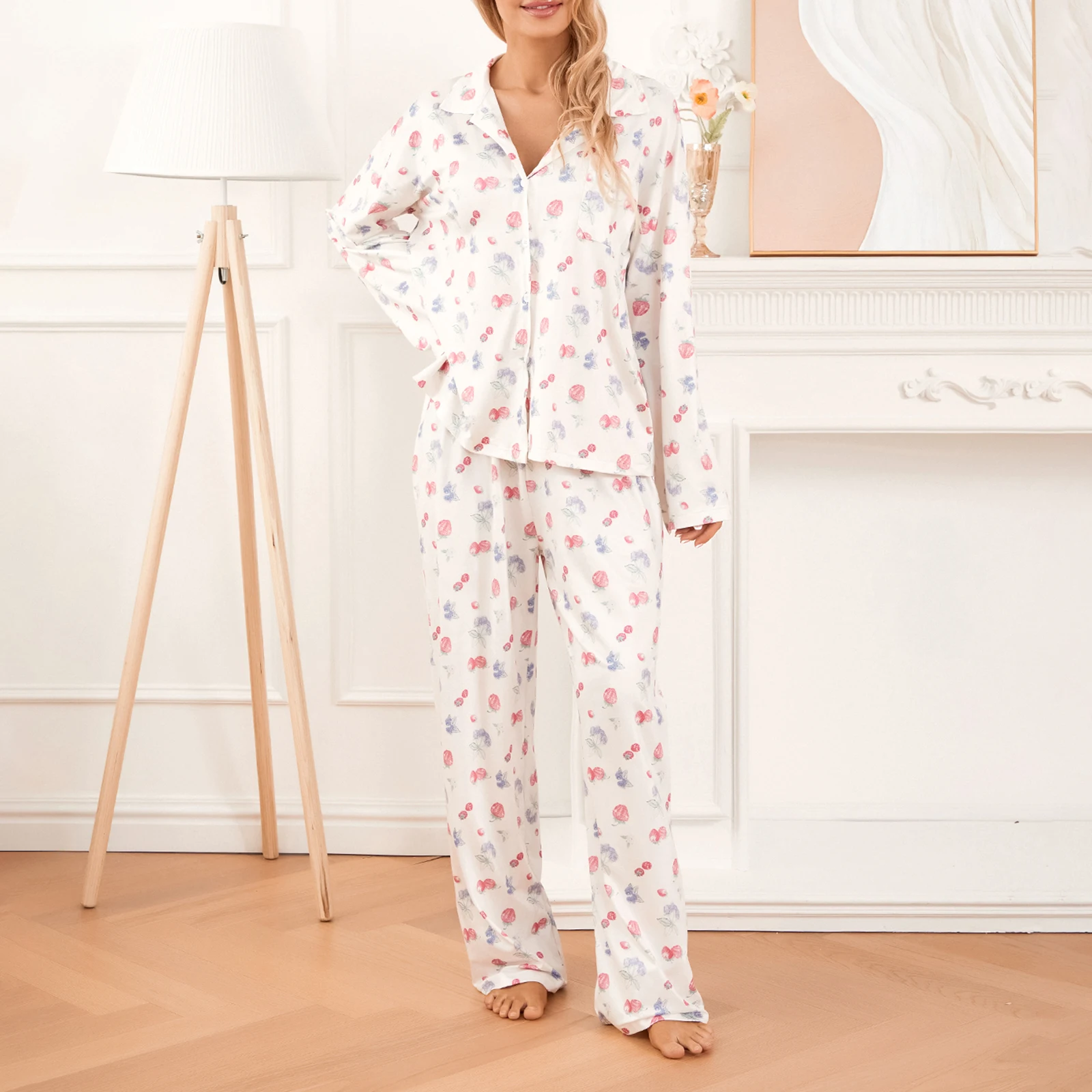 

Women ong Sleeve PLajamas Lounge Set Sweet Strawberry Print Turn-Down Collar Shirts Tops and Pants 2 Piece Loungewear Outfits