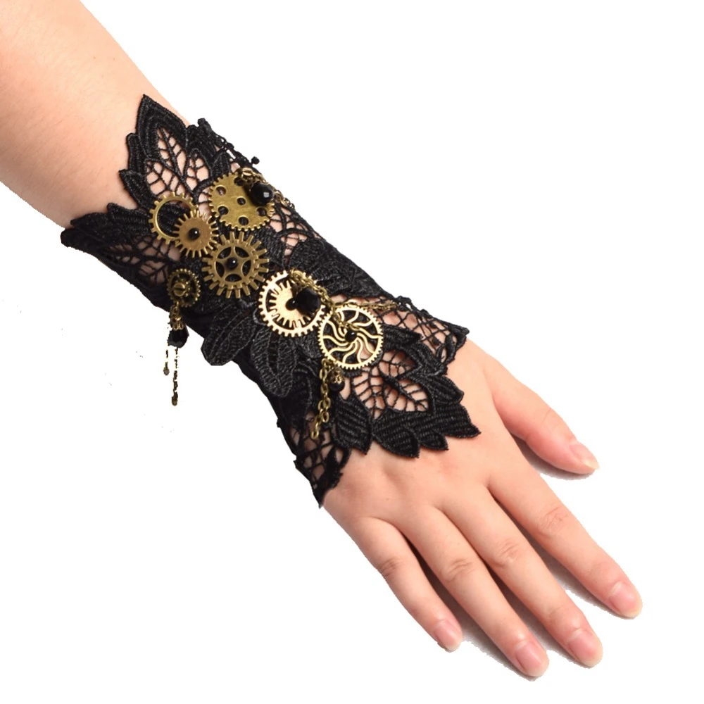 Vintage Steampunk Gloves Wrist Cuff Gear Retro Black Victorian Bracelet Costume Accessories Single Lace Bracer Armband