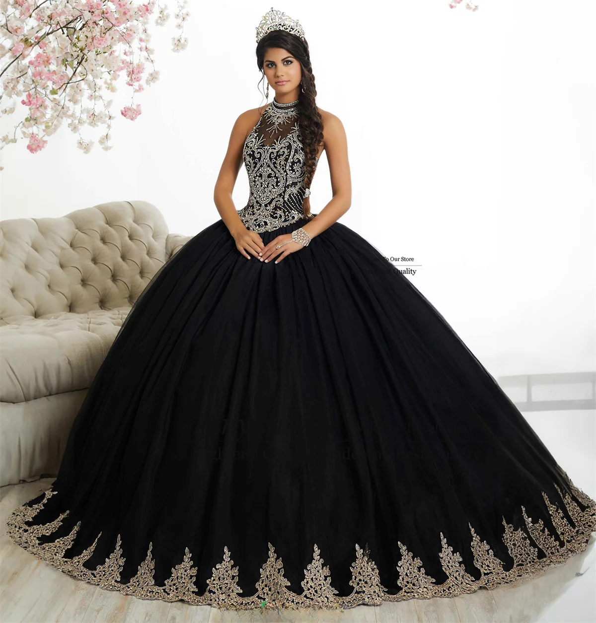 

Black High Neck Appliques Quinceanera Dresses Ball Gown Crystal Beading Vestido 15 anos Tulle Sweep Train Sweet 16 Dresses